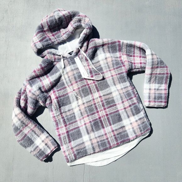 Aqua Women Plaid Grey/Pink Fleece Hoodie & Thermal Pants Lounge Set Size S - Picture 2 of 8